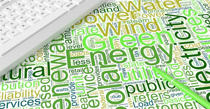 Computer keyboard with green energy keywords
