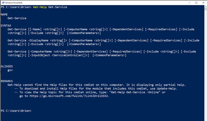 Screenshot of PowerShell session and Get-Help cmdlet