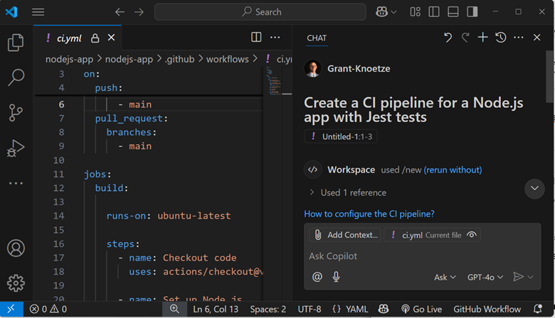 using Copilot in Visual Studio Code to create a CI pipeline in YAML for a Node.js application using Copilot in Visual Studio Code to create a CI pipeline in YAML for a Node.js application