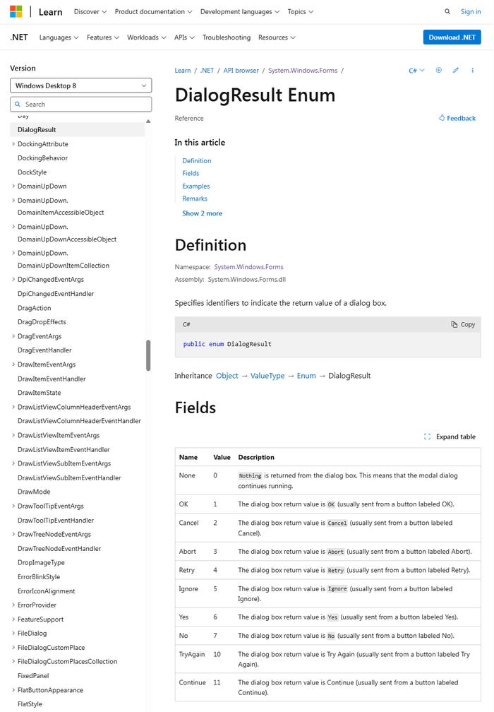 screenshot of DialogResults reference page showing a list of button fields screenshot of DialogResults reference page showing a list of button fields