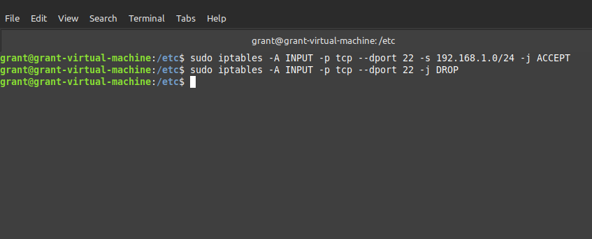 screenshot showing how iptables allows SSH traffic from a specific IP address range