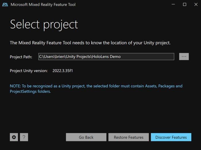 Mixed Reality Feature Tool window showing a project path Mixed Reality Feature Tool window showing a project path