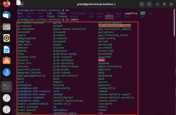 shows the contents of the /sbin directory shows the contents of the /sbin directory