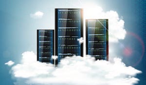 Concept art of racked servers sitting on clouds
