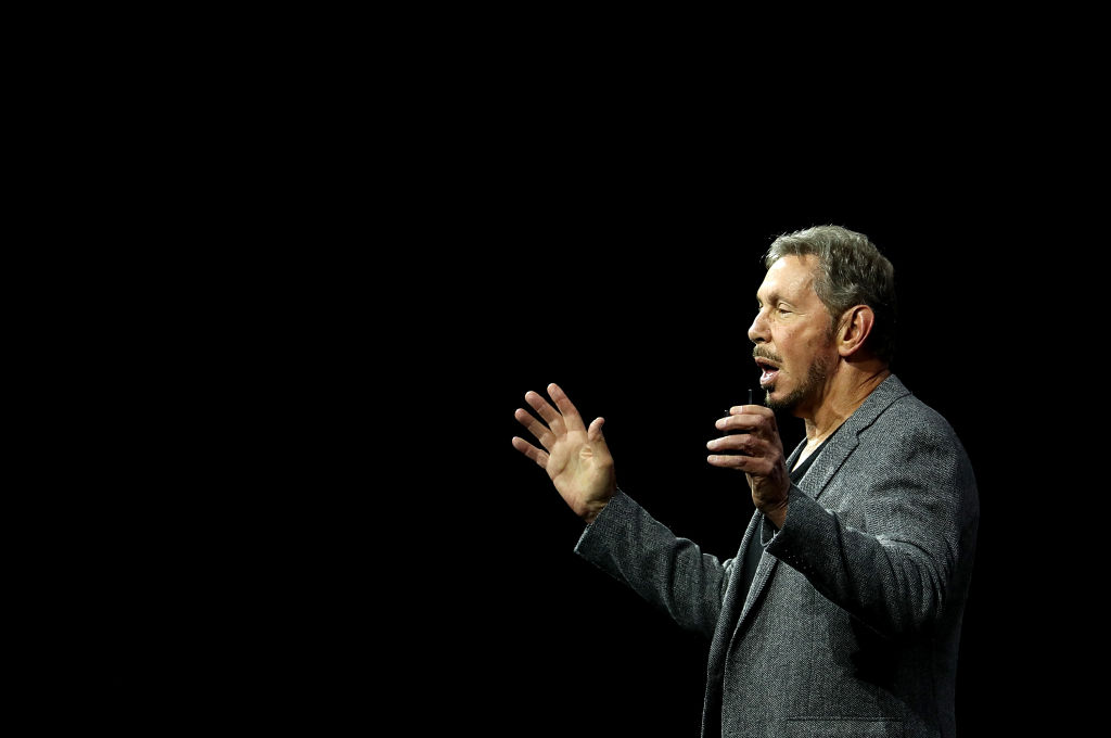 Oracle co-founder and Chairman Larry Ellison delivers a keynote address during the Oracle OpenWorld conference on October 22, 2018 in San Francisco.