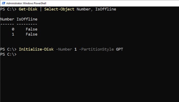 Screenshot shows an initialized disk on PowerShell