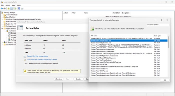 AppLocker screenshot shows place you can review rules that will be automatically created AppLocker screenshot shows place you can review rules that will be automatically created