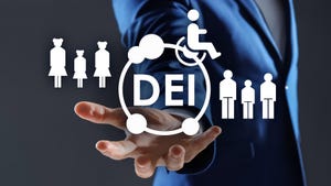 Businessman showing virtual image of people and  person with disability with the DEI abbreviation