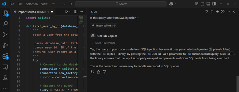 Copilot reaffirming that the query it created is not vulnerable to SQL injection Copilot reaffirming that the query it created is not vulnerable to SQL injection