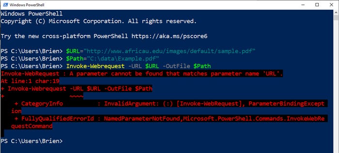 PowerShell screenshot shows that the parameter -URL will produce an error message