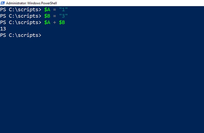 PowerShell screenshot demonstrates that you can’t add strings together, even when the string variables contain numbers