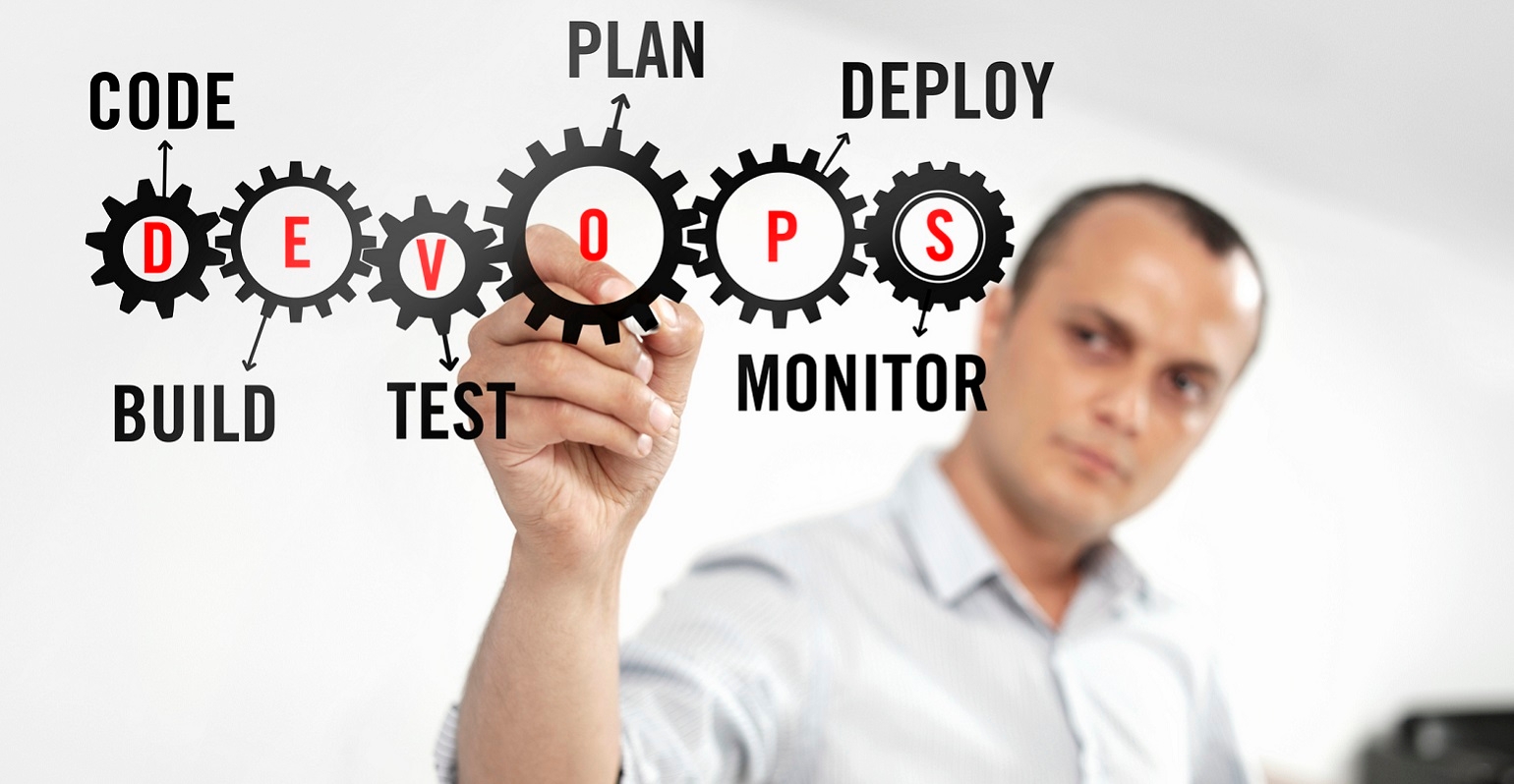 worker writing DevOps methodology on a virtual board