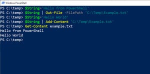 PowerShell screenshot shows that text has been added to a file