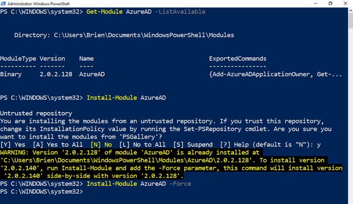 The -Force parameter is appended to the Install-Module command The -Force parameter is appended to the Install-Module command