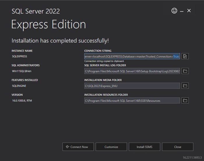 summary screen after completion of SQL Server installation summary screen after completion of SQL Server installation