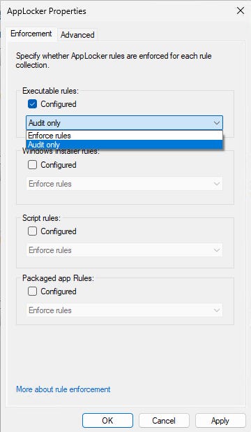 AppLocker Properties window shows Executable rules are configured to Audit Only AppLocker Properties window shows Executable rules are configured to Audit Only