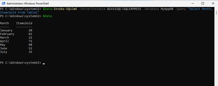 Screenshot shows retrieving data from a SQL Server table into a PowerShell variable Screenshot shows retrieving data from a SQL Server table into a PowerShell variable
