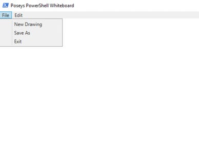 PowerShell whiteboard app's file menu showing New Drawing, Save As, and Exit menu options PowerShell whiteboard app's file menu showing New Drawing, Save As, and Exit menu options
