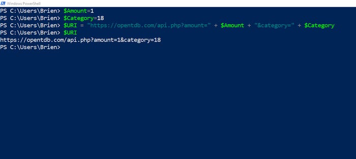 Shows the PowerShell commands for forming a custom URI
