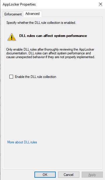 screenshot shows where to find DLL rules on the Advanced tab of the AppLocker Properties dialog box screenshot shows where to find DLL rules on the Advanced tab of the AppLocker Properties dialog box