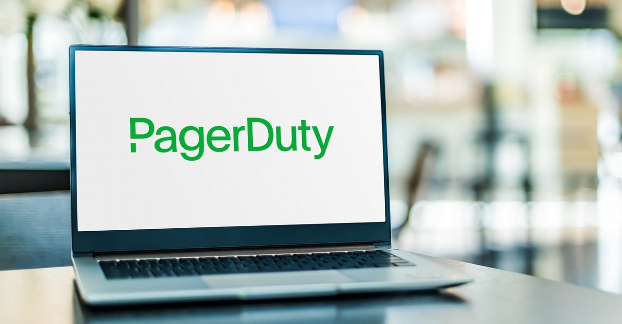 PagerDuty logo on laptop screen PagerDuty logo on laptop screen