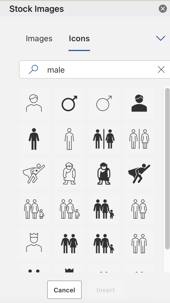 Access the Icons library in Microsoft Word under the Insert tab and search for “male” in the Icons Search bar. 