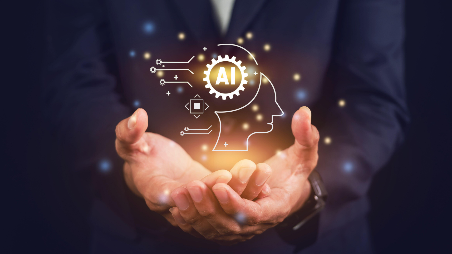 person holding an digital AI icon in their hands