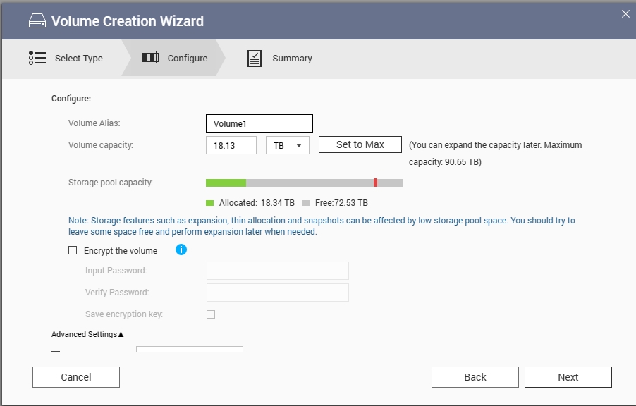 Screenshot of Volume Creation Wizard