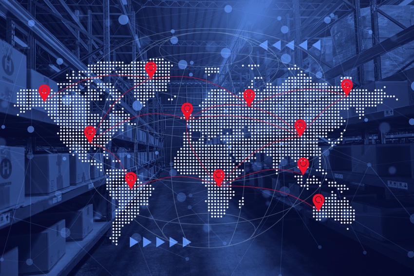 digital world map on warehouse background