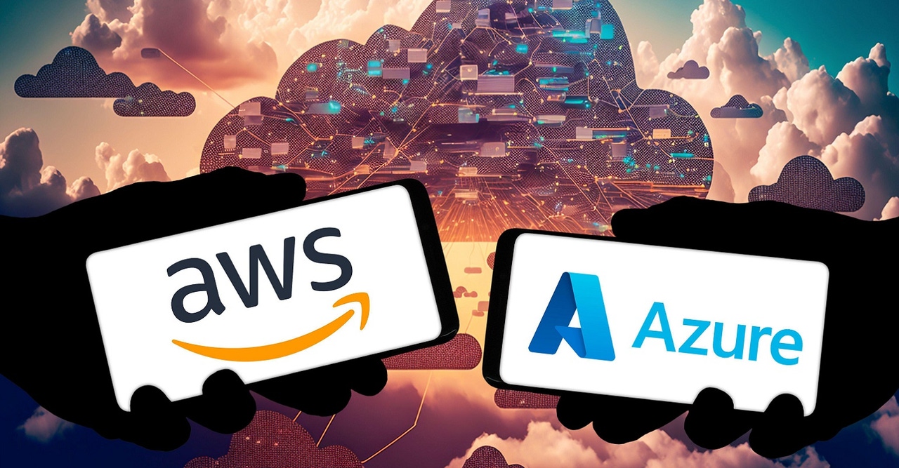 two smartphones with AWS and Azure logos on their screens two smartphones with AWS and Azure logos on their screens