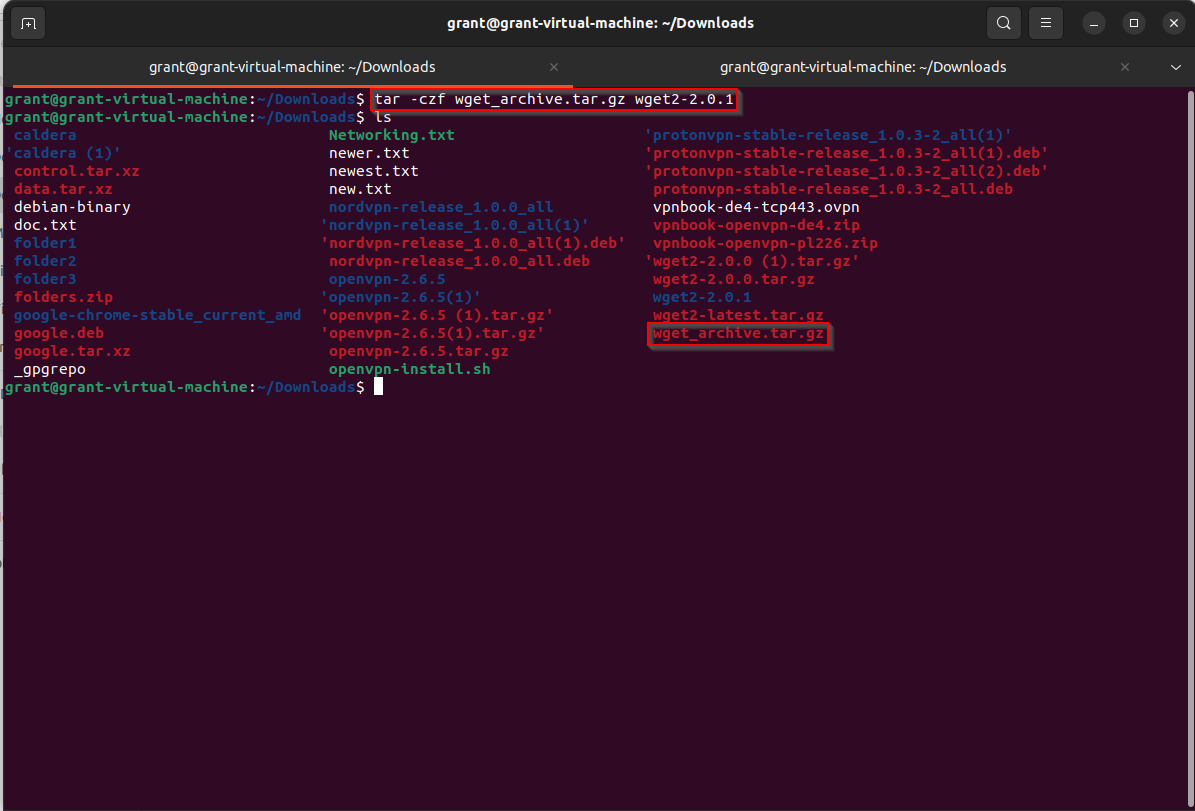 second tar command example