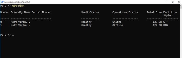 Screenshot of PowerShell window. Get-Disk command is used to show the system disk (Disk 1) and the new disk (Disk 3) that has yet to be provisioned. Screenshot of PowerShell window. Get-Disk command is used to show the system disk (Disk 1) and the new disk (Disk 3) that has yet to be provisioned.