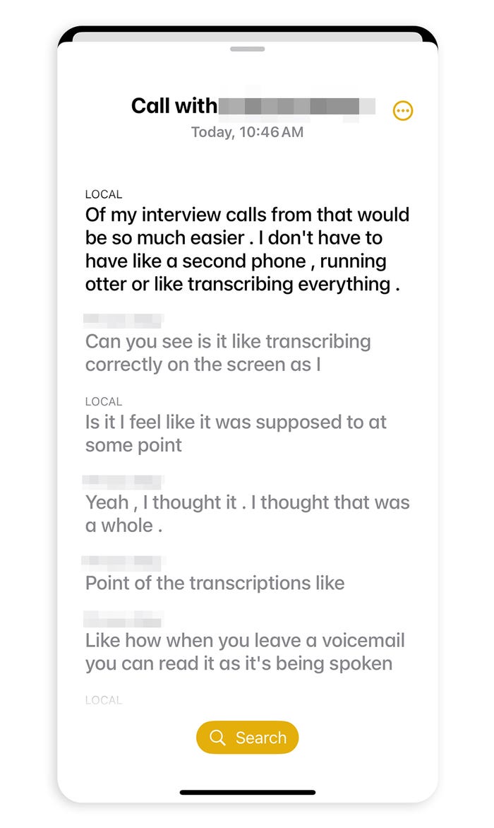 iPhone screen showing a demo of the new phone call recording and transcription feature iPhone screen showing a demo of the new phone call recording and transcription feature
