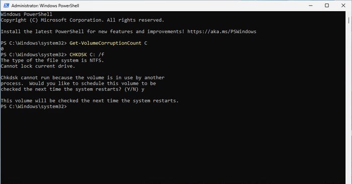 PowerShell screenshot indicates that CHKDSK will run when the system is rebooted