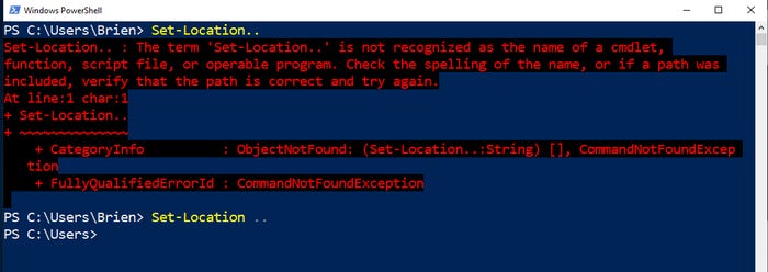PowerShell screen shows use of Set-Location .. command