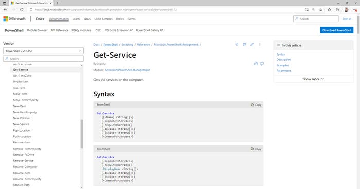 Screenshot of Microsoft PowerShell documentation
