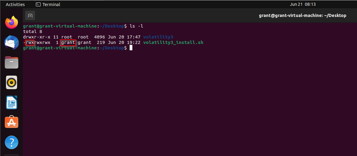Linux screenshot shows first set of three bits, which represents owner permissions for the file