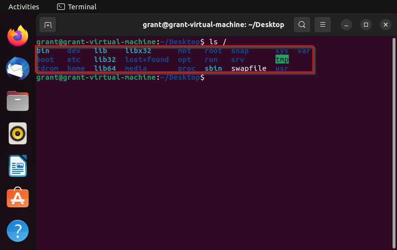 shows the output of the ls / command and all the directories contained in the root directory