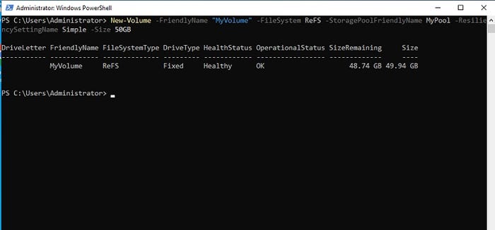 PowerShell screenshot of a volume in a storage pool