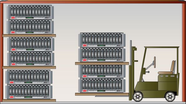 Illustration of database warehouse with lift and servers