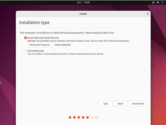 Screenshot of Installation Type screen, with Erase Disk and Install Ubuntu option selected