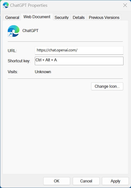 screenshot of chatgpt properties sheet with a key combination entered into the shortcut key field screenshot of chatgpt properties sheet with a key combination entered into the shortcut key field
