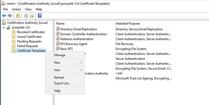 Screenshot shows Certificate Templates folder and the Manage command on a dropdown menu
