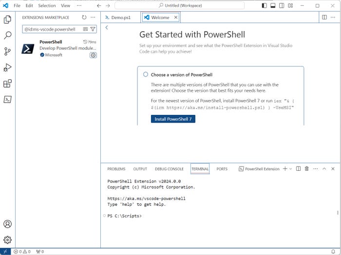 A Screenshot shows Visual Studio Code giving user the option to install PowerShell 7