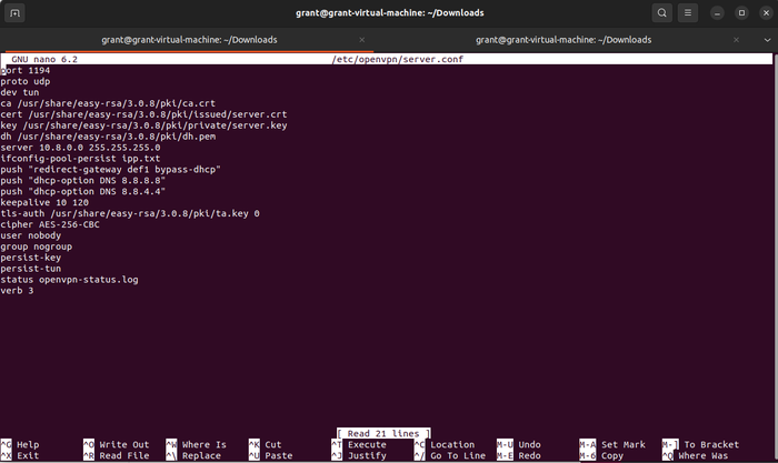 shows opening/editing the OpenVPN server configuration file using the Nano text editor shows opening/editing the OpenVPN server configuration file using the Nano text editor