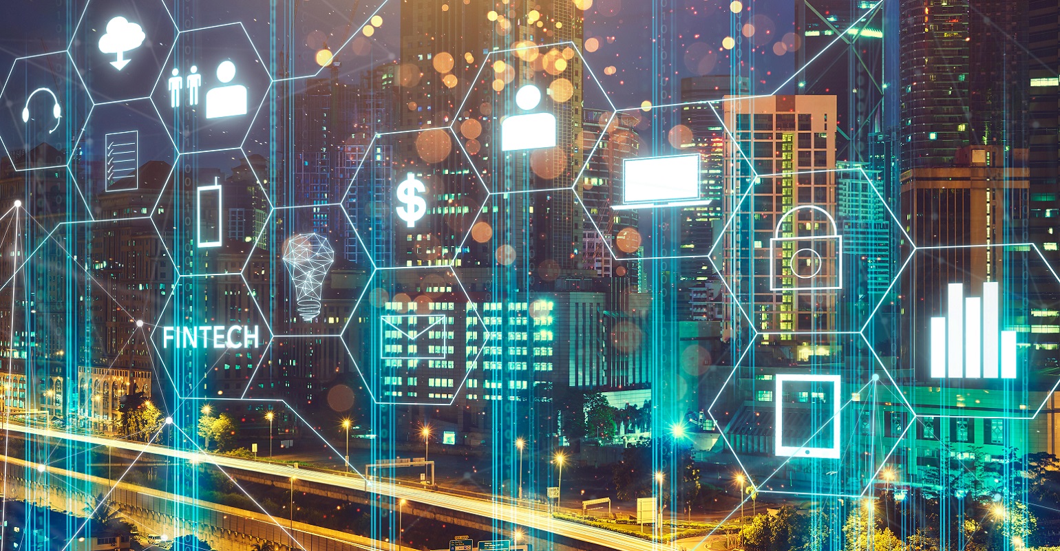 Fintech icon and internet of things with matrix code background