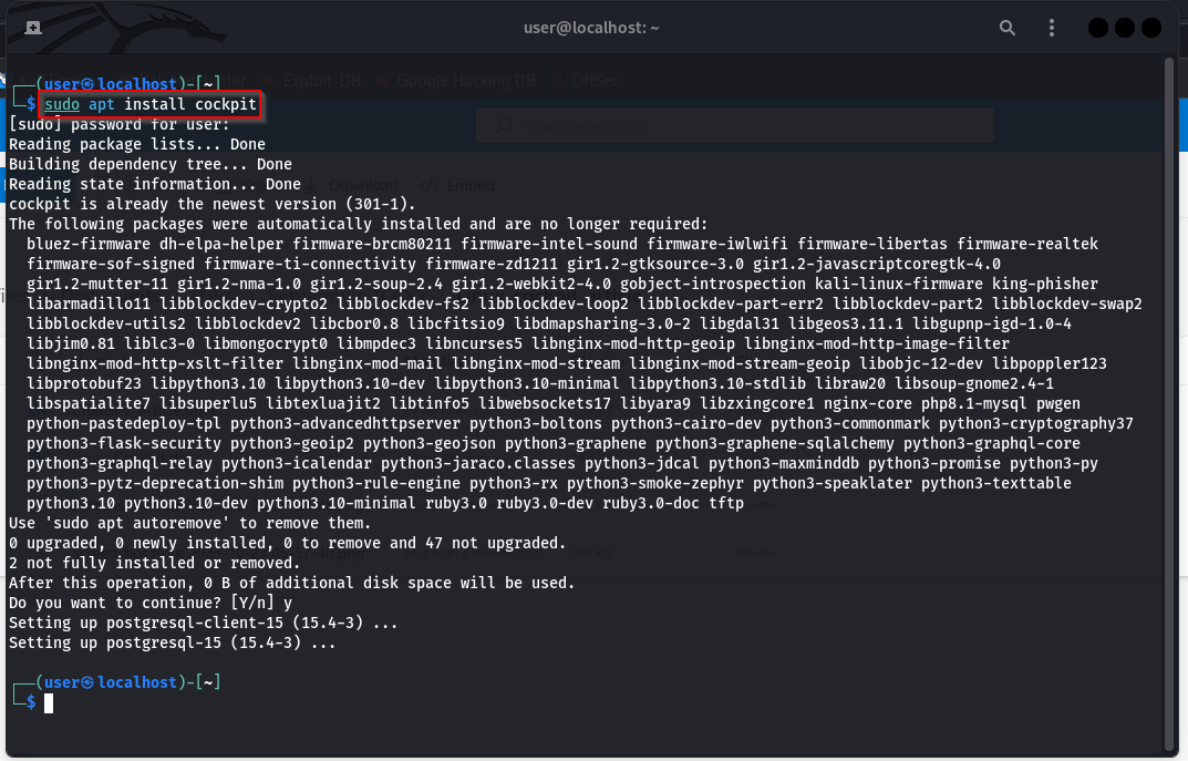Showing the sudo apt install cockpit command being run to install Cockpit