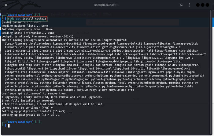 Showing the sudo apt install cockpit command being run to install Cockpit Showing the sudo apt install cockpit command being run to install Cockpit