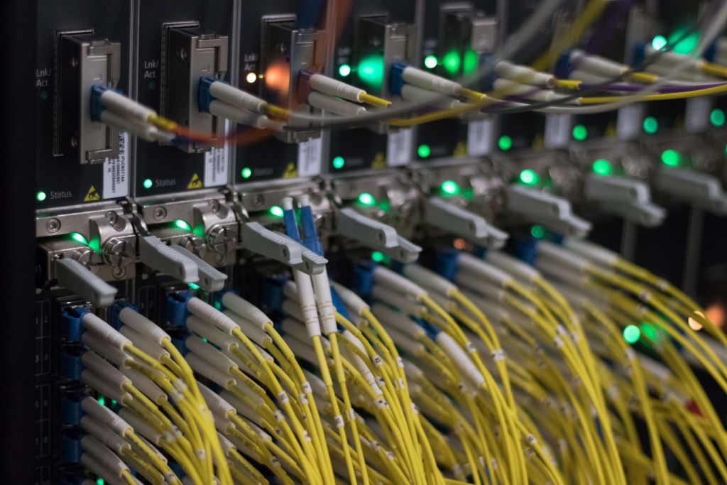 Network cables at a data center of DE-CIX (Deutscher Commercial Internet Exchange) in Frankfurt (2018)