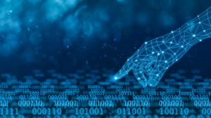 Digital hand touching binary data flow in dark blue background, abstract technology concept. Digital hand touching binary data flow in dark blue background, abstract technology concept.